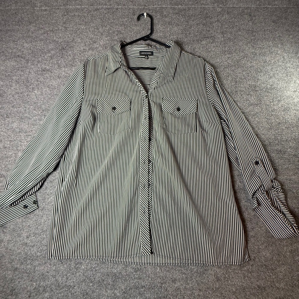 Notations Womens XL Black White Striped Roll Tab Button Down Blouse MSTB0410